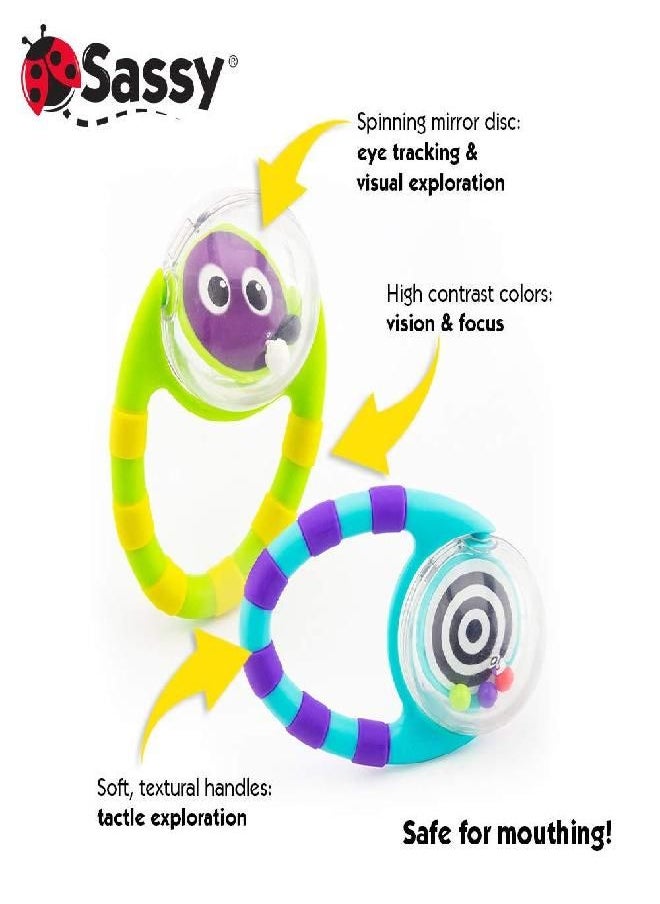 Sassy Flip & Grip Rattle | Value 2 Pack | Developmental Toy with Rattle Beads | Spinning Discs with Mirror | For Ages 3 Months and Up