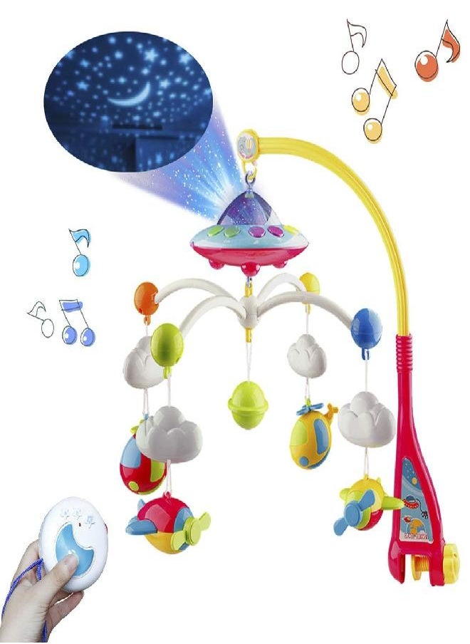 Mini Tudou Musical Baby Crib Mobile Toy with Lights and Music, Star Projector Function and Cartoon Rattles, Remote Control Musical Box with 108 Melodies, Toy for Newborn Sleep