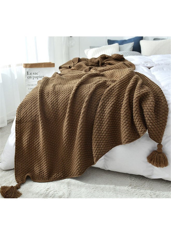 Tassel Design Warm Blanket Polyester Brown 130x170cm