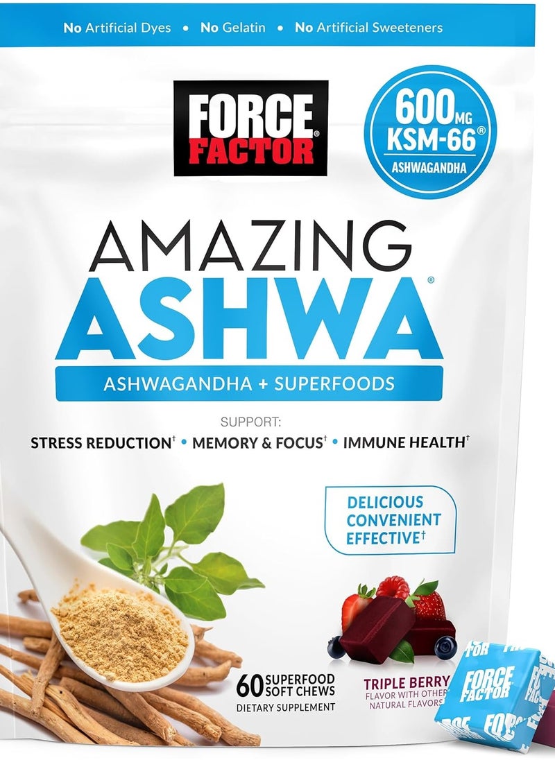 Force Factor Amazing Ashwa for Stress Relief, Memory, Focus, and Immune Support Health, Ashwaganda Supplement with KSM-66 Ashwagandha for Stress, 60 Soft Chews