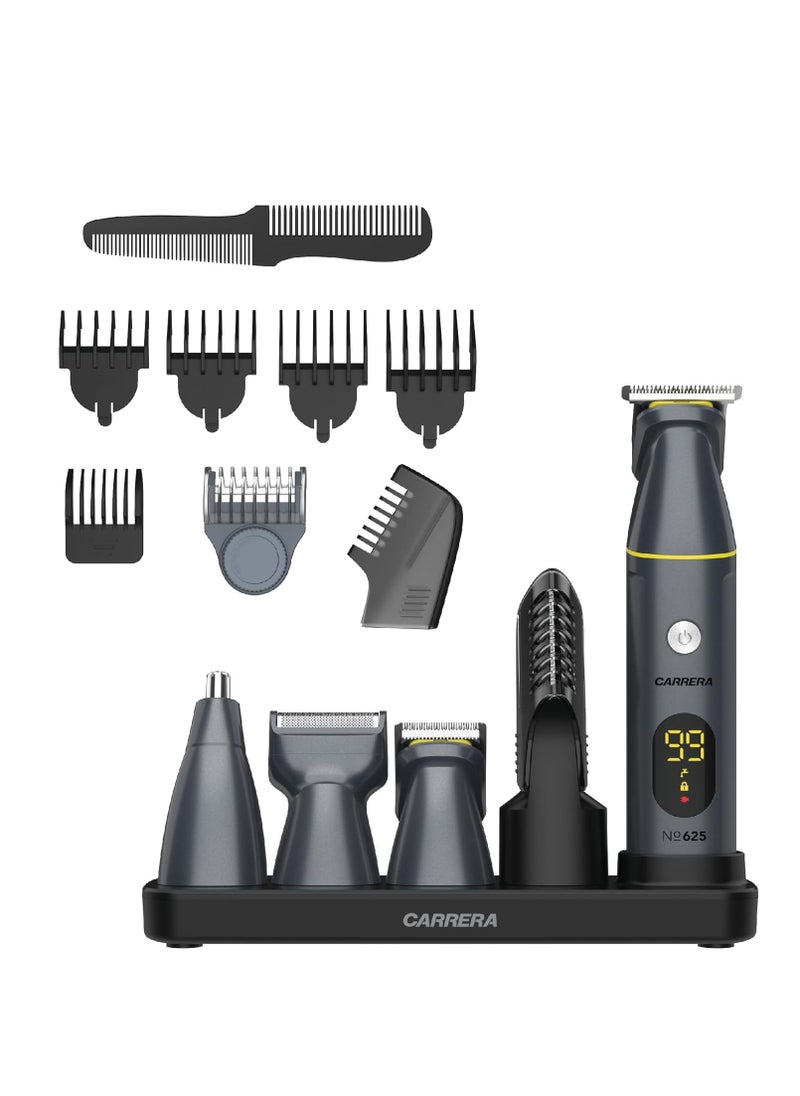 CARRERA Pro Multi-Function Grooming Kit No 625 - Stainless Steel Blade, IPX6 Water-Resistant, Cordless, USB Charging, 5-Minute Boost, Magnetic Blade Head, LED Display, Multiple Attachments