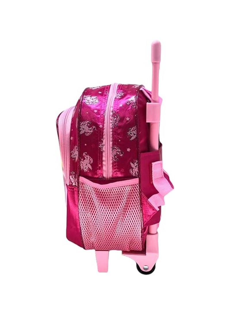 Girls unicorn trolley backpack features a vibrant, colorful design adorned with playful unicorn graphics. With sturdy wheels and a retractable handle, it’s perfect for easy transportation to school