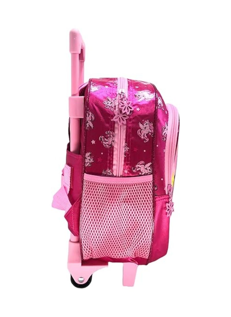 Girls unicorn trolley backpack features a vibrant, colorful design adorned with playful unicorn graphics. With sturdy wheels and a retractable handle, it’s perfect for easy transportation to school