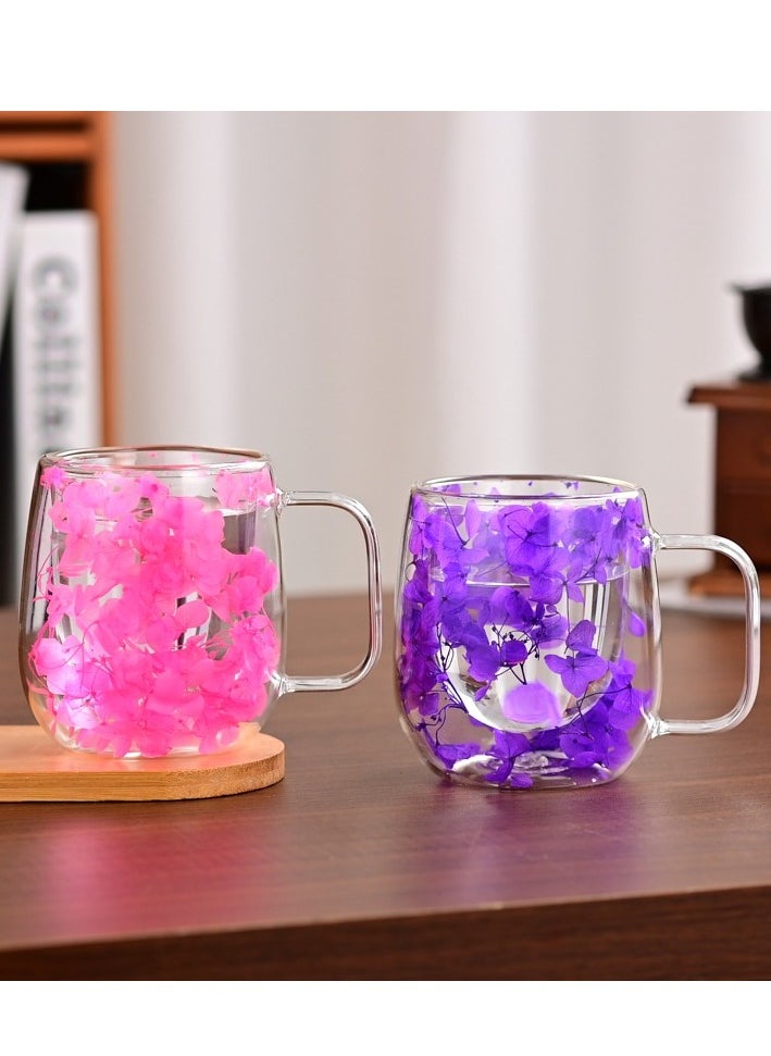 Borosilicate Double Wall dried Flower design Coffee Cup 250 ML 2 PCS Set Decorated with an Immortal Flower, (Pink & Purple)