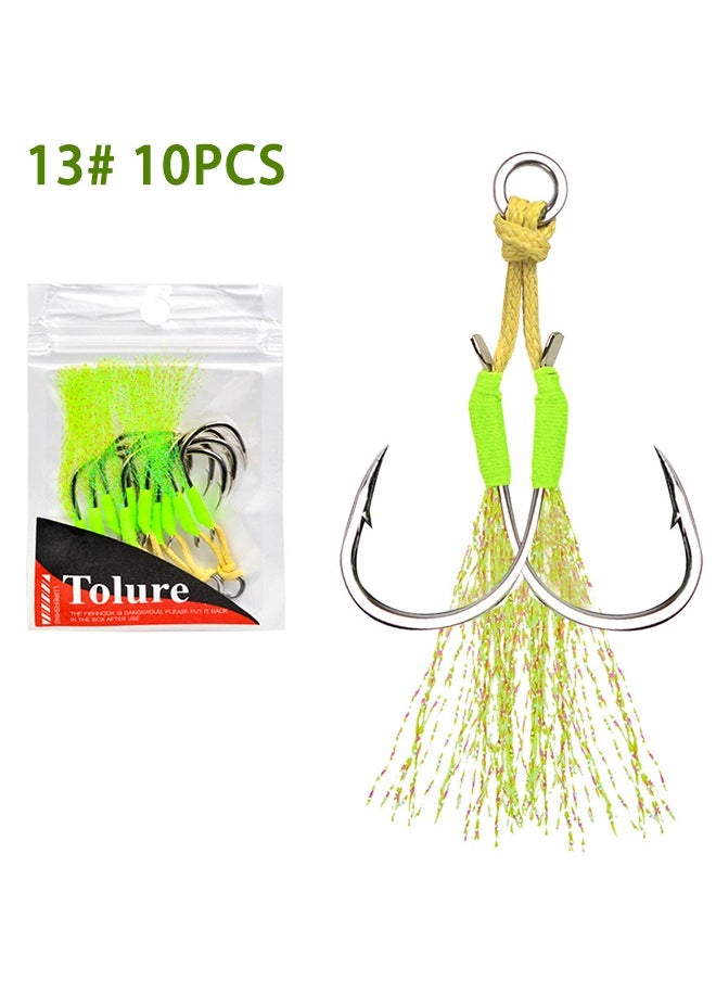 10Pcs Assist Hooks Saltwater for Jigging, High Strength Double Fishing Assist Hook, Anti-corrosion Teflon Coated Jigging Assist Hook for Vertical Slow Speed erfly Tuna Grouper Jig Size 13#