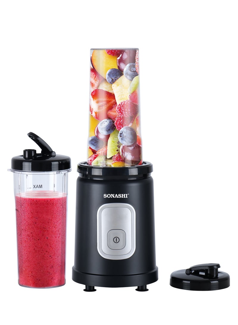 Portable Sports Blender & Smoothie Maker - 1 Touch Button with 600ML Unbreakable Sports Bottle with Lid | 4Pcs Stainless Steel Blade with Anti-slip Feet | Overheat Protection 600 ml 550 W SB-200 Black