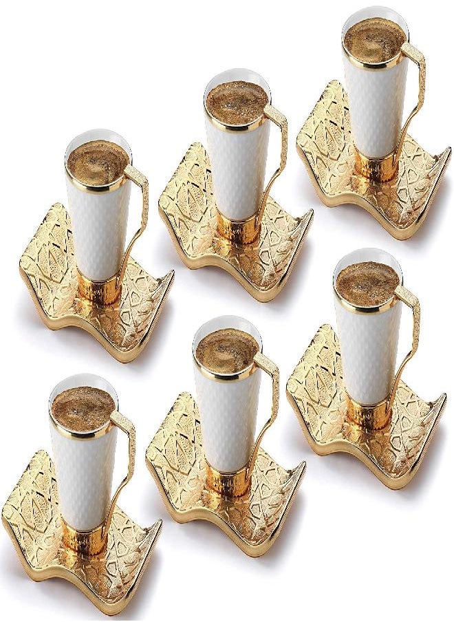 DEMMEX Set of 6 Stunning Turkish Greek Coffee Espresso Demitasse Cups with Cup Holders and Saucers, 18 Pcs - Porcelain Cups, Decorated Gold Metal Saucers and Cup Holders, 2.6 Oz - 80ml (White - Gold)