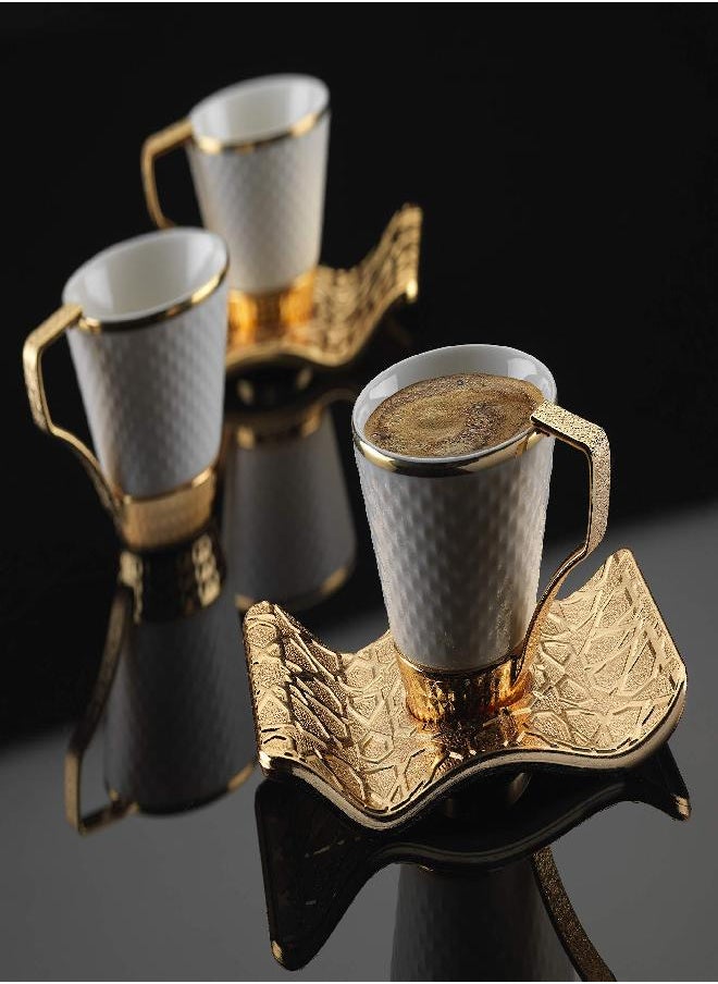 DEMMEX Set of 6 Stunning Turkish Greek Coffee Espresso Demitasse Cups with Cup Holders and Saucers, 18 Pcs - Porcelain Cups, Decorated Gold Metal Saucers and Cup Holders, 2.6 Oz - 80ml (White - Gold)