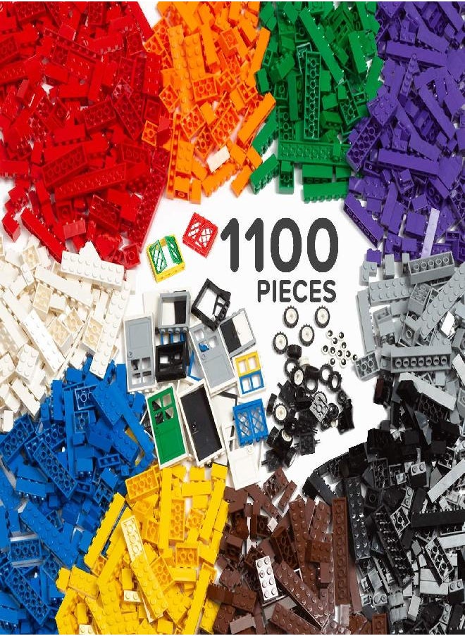 1100 Piece Building Bricks Set- Building Bricks Kit & Wheels Tires Axles Windows & Door Pieces- Classic Colors Bulk Building Blocks Play Set for Boys and Girls, Compatible with All Brands