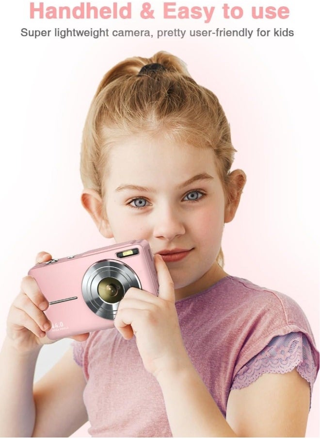 Digital Camera, FHD 1080P Kids Camera, 44MP Point and Shoot Digital Cameras with 32GB Memory Card and Two Batteries, 16X Zoom , Lanyard, Compact Size Camera, Gift for Boys/Girls (Pink)