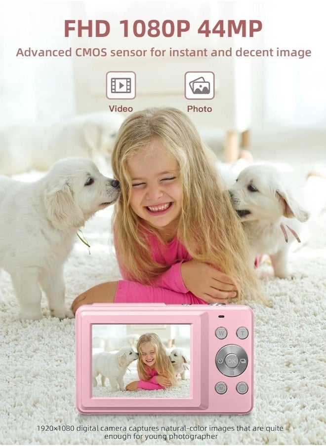 Digital Camera, FHD 1080P Kids Camera, 44MP Point and Shoot Digital Cameras with 32GB Memory Card and Two Batteries, 16X Zoom , Lanyard, Compact Size Camera, Gift for Boys/Girls (Pink)