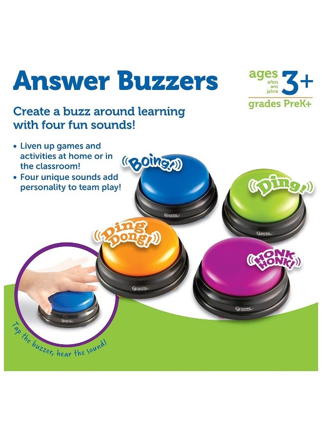 Answer Buzzers, Set of 4 Assorted Colored Buzzers, Game Show Buzzers, 3-1/2in, Multicolor, Ages 3+