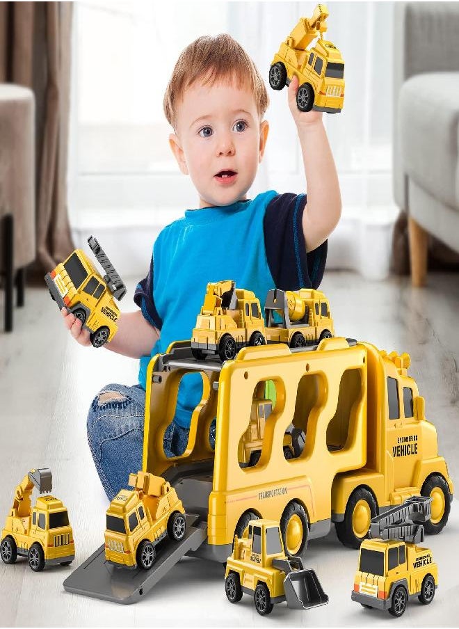 TEMI Construction Truck Toys Cars for Toddlers 3-5 - 7-in-1 Friction Power Vehicle Toy for 3 4 5 6 Year Old Boys, Carrier Transport Trucks for Kids 3-5 Years, Car Toys Set for Age 3-9 Boys & Girls