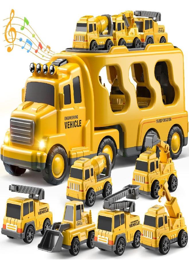 TEMI Construction Truck Toys Cars for Toddlers 3-5 - 7-in-1 Friction Power Vehicle Toy for 3 4 5 6 Year Old Boys, Carrier Transport Trucks for Kids 3-5 Years, Car Toys Set for Age 3-9 Boys & Girls