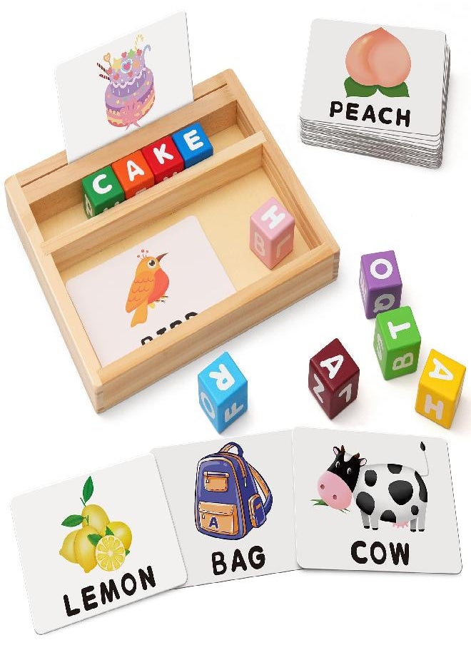 Coogam Wooden Blocks Spelling Game,  Color Alphabet Letters Matching Flash Cards ABC Cubes Sight Words Learning Educational Montessori Puzzle Gift for Preschool Kids Boys Girls Age 3 4 5 Years Old