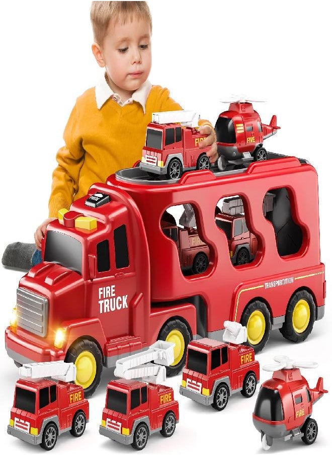 TEMI Toddler Fire Toys for 3 4 5 6 Years Old Boys Girls - 5 in 1 Carrier Truck Transport Cars for Toddlers 1-3, Friction Power Vehicles for Kids 3-5, Christmas Birthday Gifts for Boys Girls Age 3-9