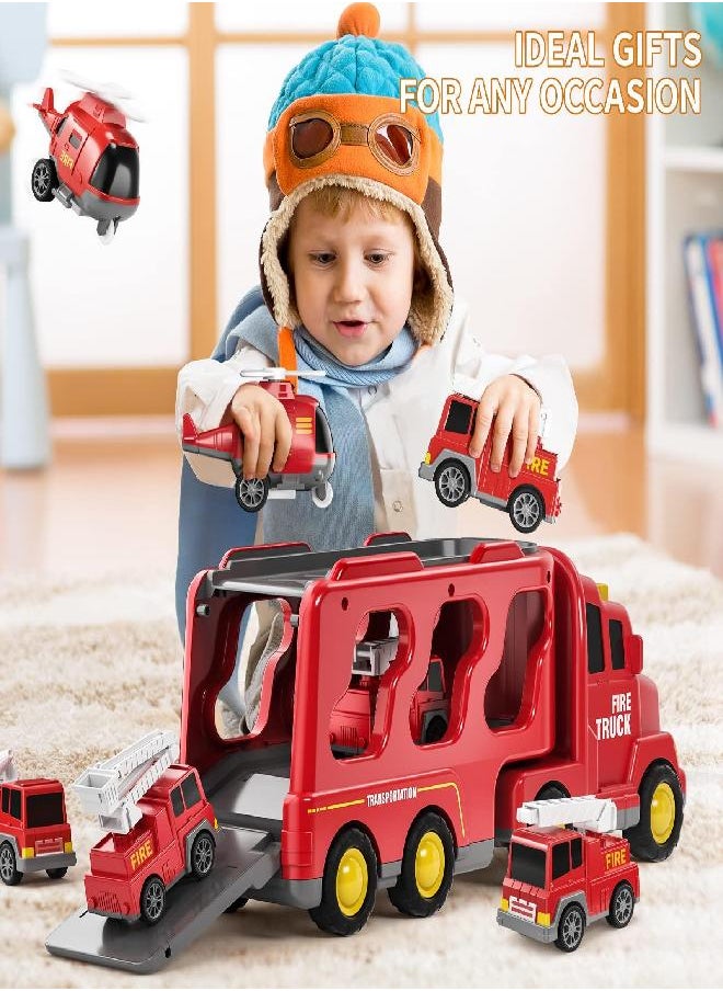 TEMI Toddler Fire Toys for 3 4 5 6 Years Old Boys Girls - 5 in 1 Carrier Truck Transport Cars for Toddlers 1-3, Friction Power Vehicles for Kids 3-5, Christmas Birthday Gifts for Boys Girls Age 3-9