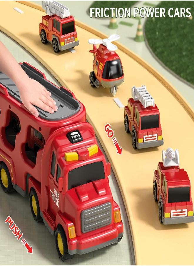 TEMI Toddler Fire Toys for 3 4 5 6 Years Old Boys Girls - 5 in 1 Carrier Truck Transport Cars for Toddlers 1-3, Friction Power Vehicles for Kids 3-5, Christmas Birthday Gifts for Boys Girls Age 3-9