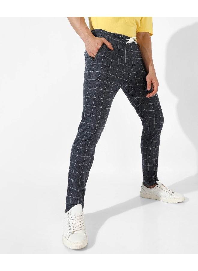 Men's Navy Blue Checkered Regular Fit Trackpants