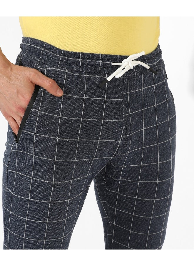 Men's Navy Blue Checkered Regular Fit Trackpants