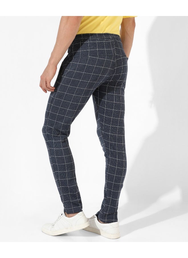 Men's Navy Blue Checkered Regular Fit Trackpants