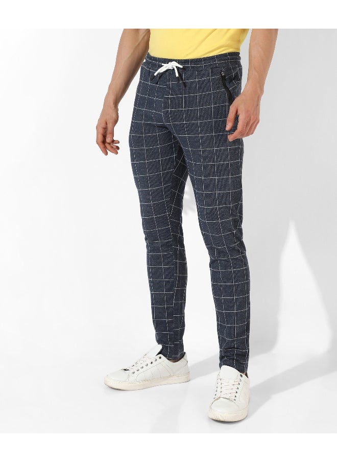 Men's Navy Blue Checkered Regular Fit Trackpants