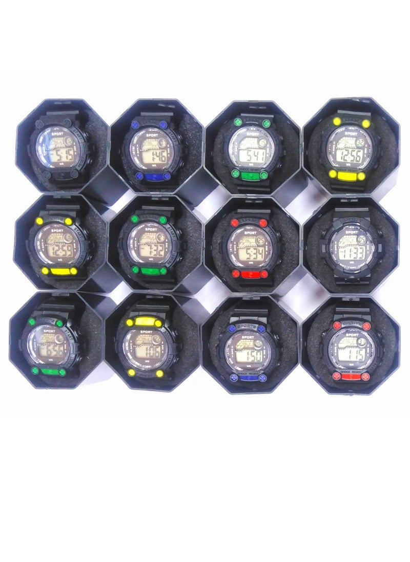 Children Digital Sports Watches, Set of 12 Assorted colors