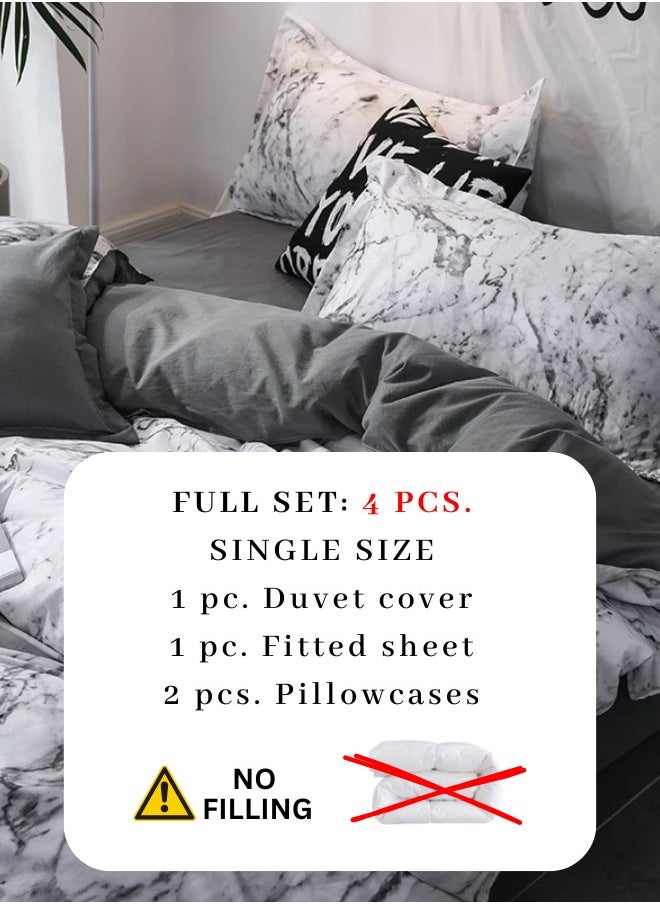 Single-Size 4-Piece Marble Duvet Cover Set. Reversible Bedding Ensemble in Grey and White.