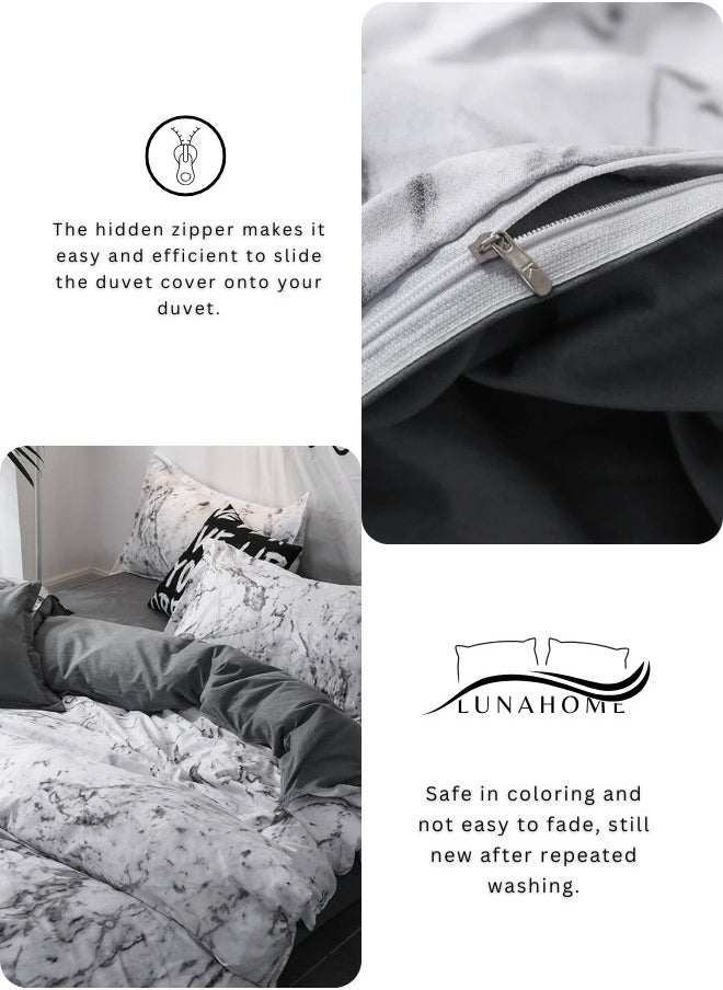 Single-Size 4-Piece Marble Duvet Cover Set. Reversible Bedding Ensemble in Grey and White.