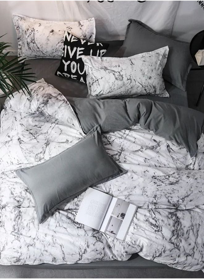 Single-Size 4-Piece Marble Duvet Cover Set. Reversible Bedding Ensemble in Grey and White.