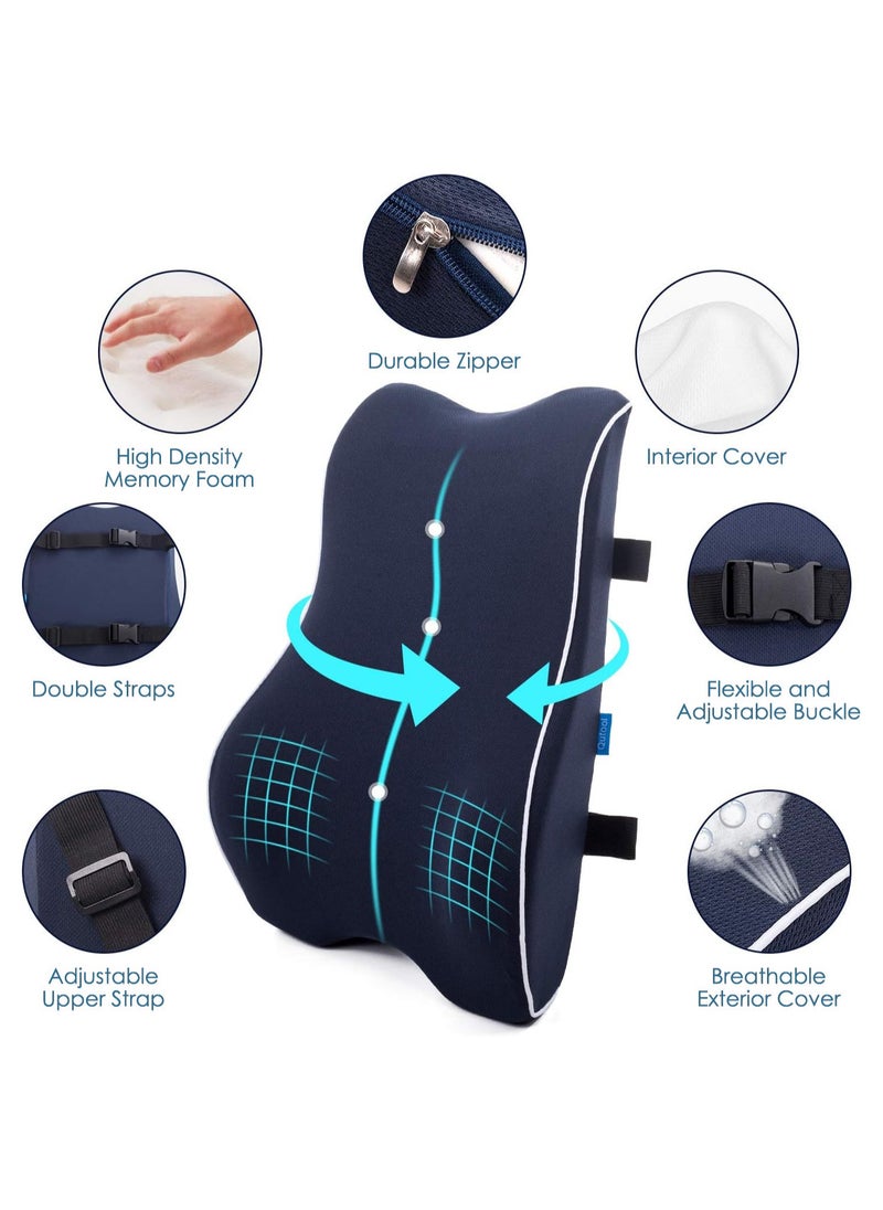 Memory Foam Lumbar Support Pillow, Ergonomic Back Cushion for Pain Relief and Posture Support, with Breathable Mesh Cover and Adjustable Straps for Office Chairs, Car, Recliners and More, Black