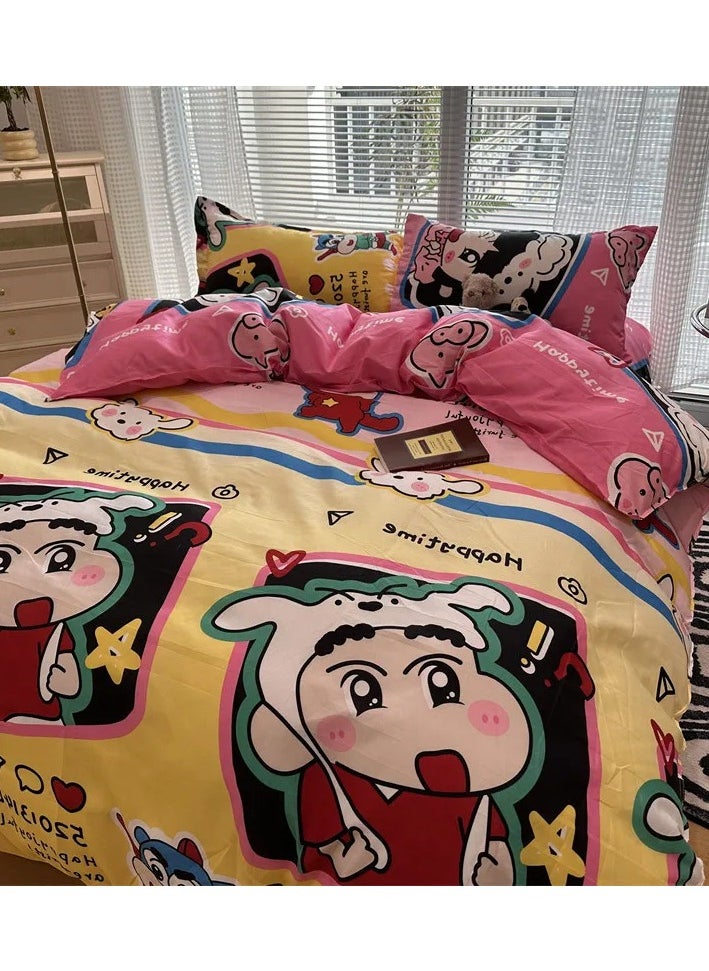 Cartoon ins style super cute soft bamboo panda washed cotton sheet quilt cover four-piece set student bed three-piece set,Naughty Xiaoxin ljf, kindergarten three-piece set (vet cover 150x110)
