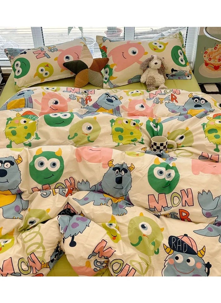 Cartoon ins style super cute soft bamboo panda washed cotton sheet quilt cover four-piece set student bed three-piece set,Monster University lk, 1.5 four-piece set (vet cover 150x200)