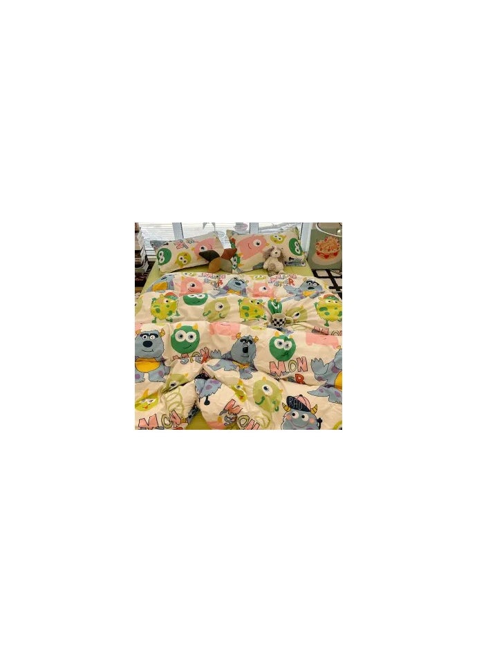 Cartoon ins style super cute soft bamboo panda washed cotton sheet quilt cover four-piece set student bed three-piece set,Monster University lk, 1.5 four-piece set (vet cover 150x200)