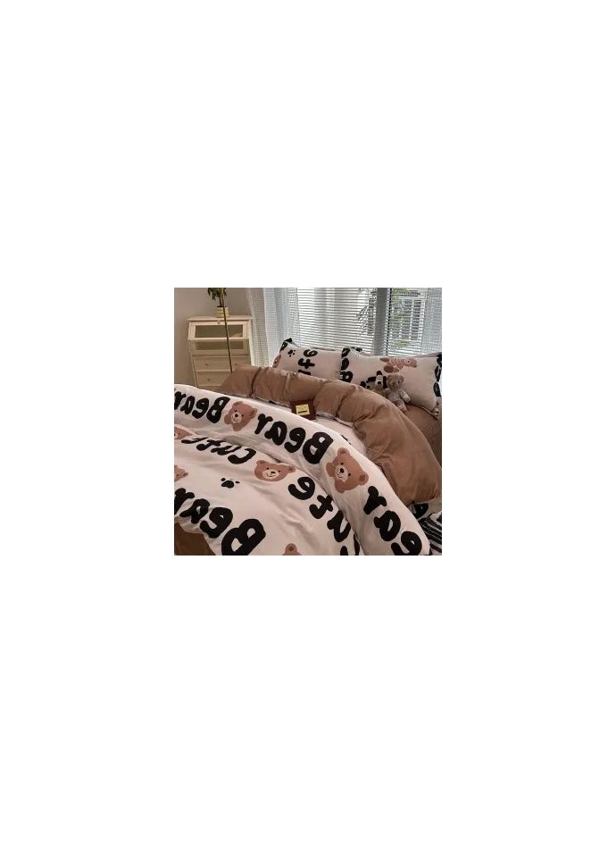 Cartoon ins style super cute soft bamboo panda washed cotton sheet quilt cover four-piece set student bed three-piece set,Fun Bear ljf, 2.0 four-piece set (quilt cover 200x230)