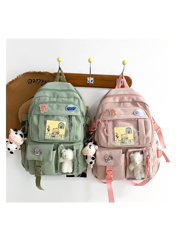 Junior high school student schoolbag ins Korean version new primary school student cute Harajuku backpack fashion Oxford cloth backpack outdoor,White + bear + calf