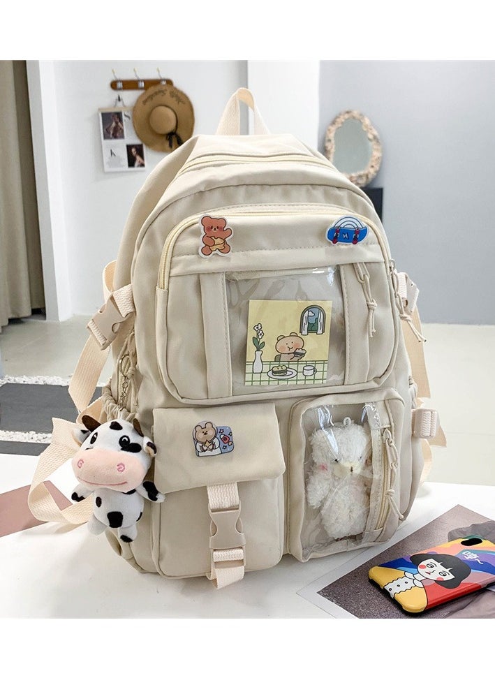 Junior high school student schoolbag ins Korean version new primary school student cute Harajuku backpack fashion Oxford cloth backpack outdoor,White + bear + calf
