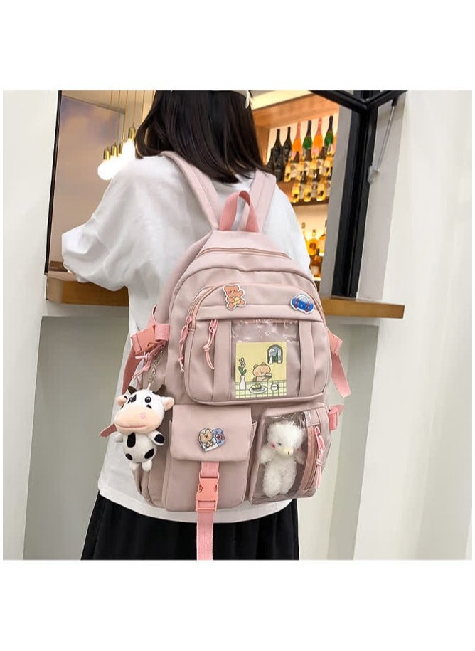 Junior high school student schoolbag ins Korean version new primary school student cute Harajuku backpack fashion Oxford cloth backpack outdoor,White + bear + calf