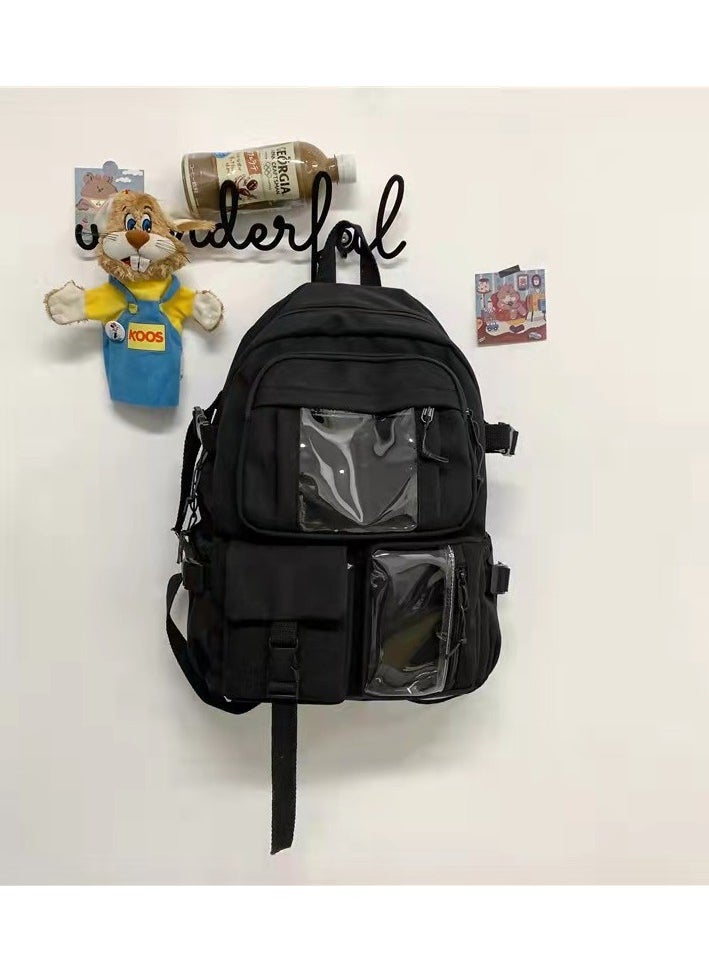 Junior high school student schoolbag ins Korean version new primary school student cute Harajuku backpack fashion Oxford cloth backpack outdoor,Black no pendant [free badge card]