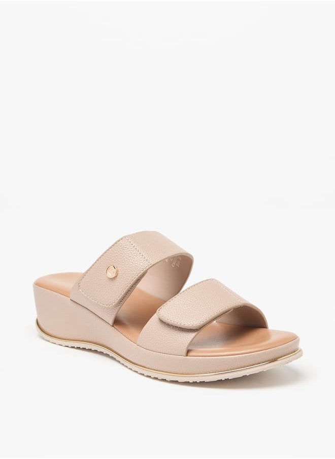 Women Textured Wedge Heel Slip-On Sandals with Hook and Loop Closure