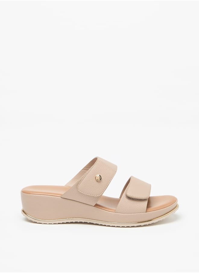 Women Textured Wedge Heel Slip-On Sandals with Hook and Loop Closure