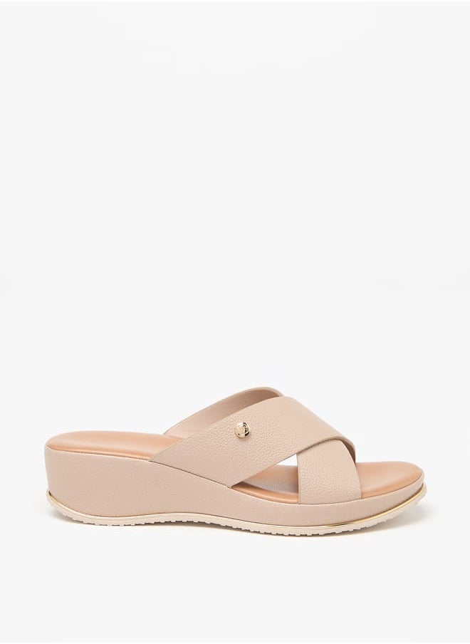 Women Textured Cross Strap Slip-On Sandals with Wedge Heels