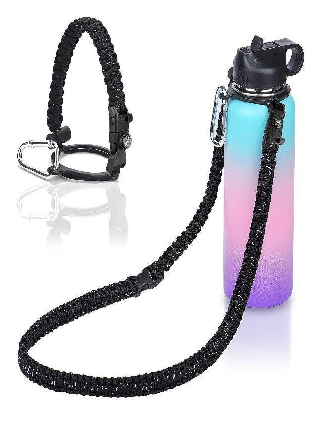 Wongeto Paracord Handle with Shoulder Strap,Compatible with Hydro Flask Wide Mouth Water Bottles 12oz - 64 oz and Other Wide Mouth Water Bottle for Walking Hiking Camping（Black/Compass