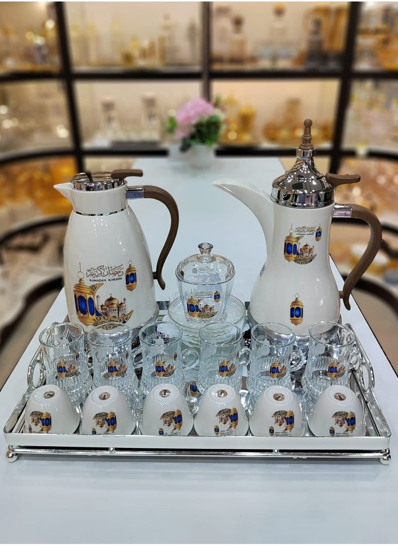 22Pieces Ramadan Kareem Complete Serving Set Elegant Thermoses Tea & Cawa Cups Sugar Bowl & Mirror Tray