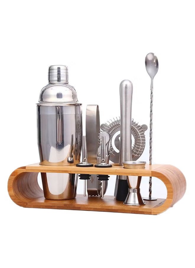 9-Piece Cocktail Shaker Set, Stainless Steel Shaker Set, Bamboo Bottom Storage, Silver/Brown