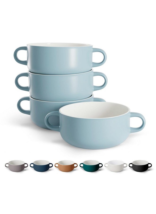 Soup Crocks, Ceramic Bowls, Broil, Oven, Microwave And Dishwasher Safe, With Handles, For Casserole, Pasta, Cereal, 18 Oz, Set Of 4 (Pale Blue)