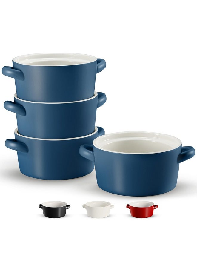 Bowls With Handles, Ceramic Oven Safe Bowls, Kook Individual Soup Crocks, Stackable Dish, Broil, Oven, Microwave And Dishwasher Safe, For Casserole, Pasta, Cereal, 23.6 Oz, Set Of 4, (Matte Blue)