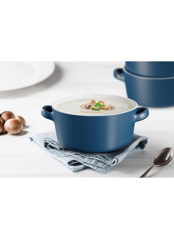Bowls With Handles, Ceramic Oven Safe Bowls, Kook Individual Soup Crocks, Stackable Dish, Broil, Oven, Microwave And Dishwasher Safe, For Casserole, Pasta, Cereal, 23.6 Oz, Set Of 4, (Matte Blue)