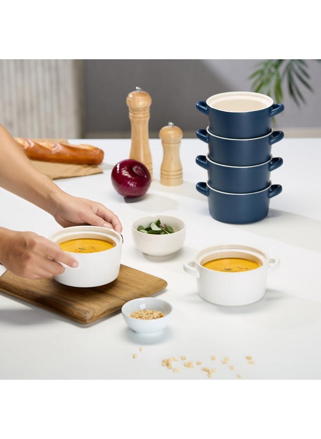Bowls With Handles, Ceramic Oven Safe Bowls, Kook Individual Soup Crocks, Stackable Dish, Broil, Oven, Microwave And Dishwasher Safe, For Casserole, Pasta, Cereal, 23.6 Oz, Set Of 4, (Matte Blue)