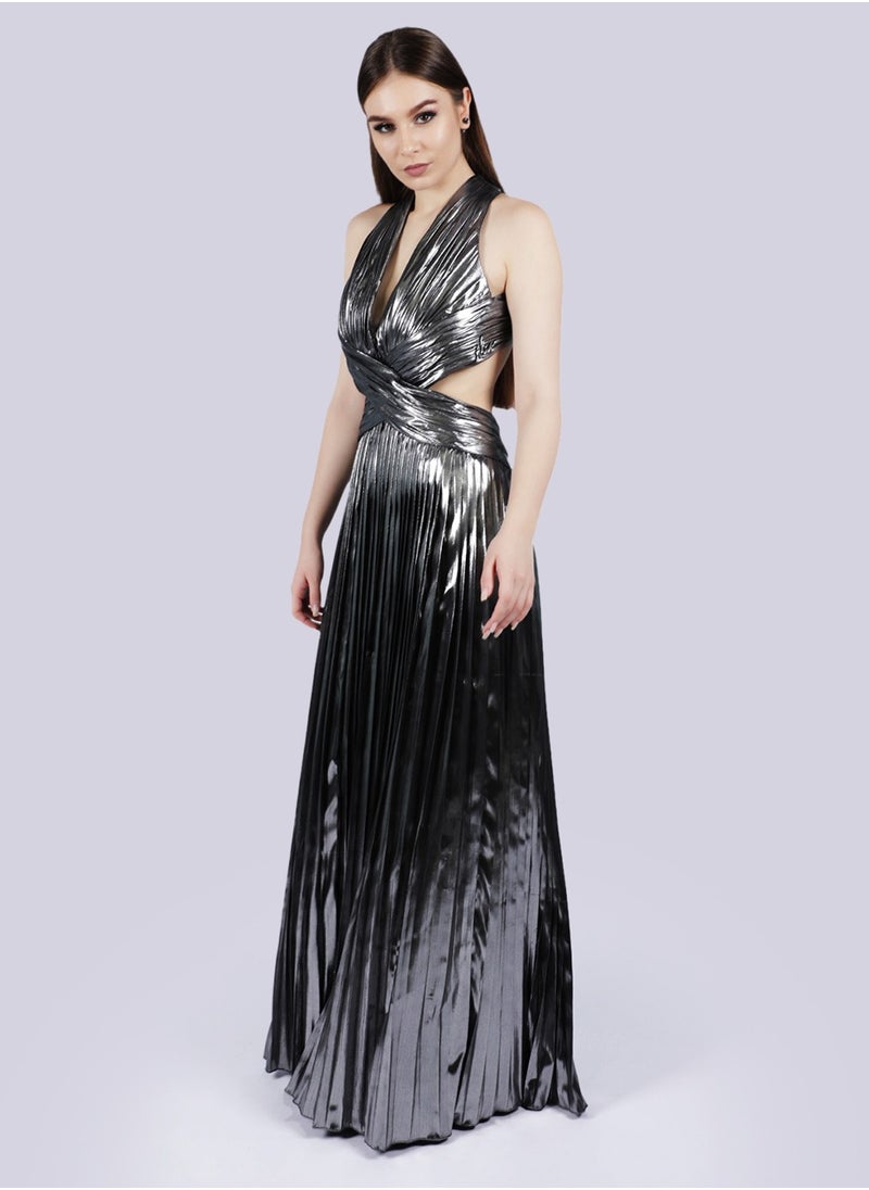 Admire - Drape Metallic Silver Pleated Gown Dress